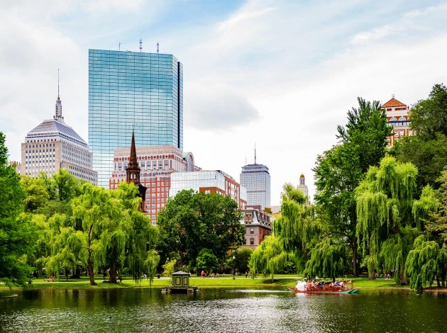 the lake in the city with lots of large trees around it