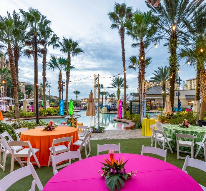 the pool deck set up for meetings