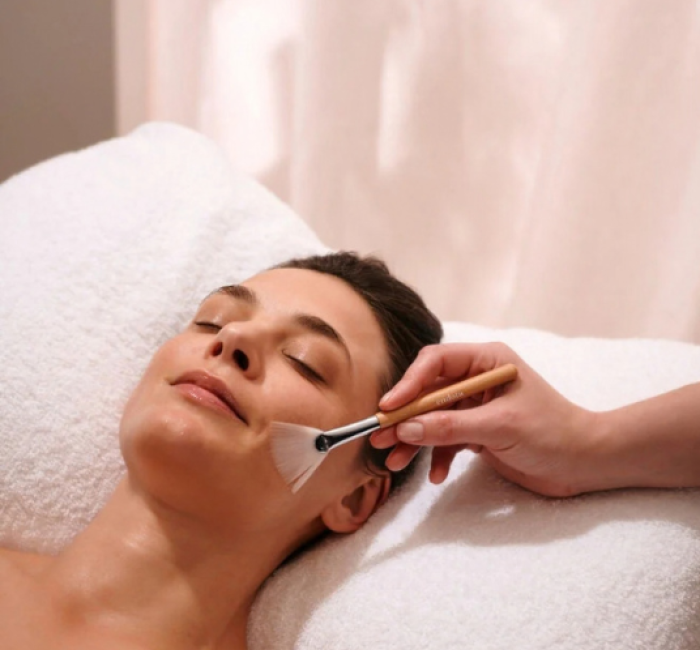 a woman lying down with a brush on her face