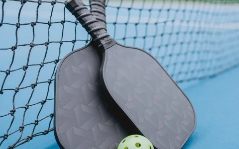 paddles and a ball next to a net