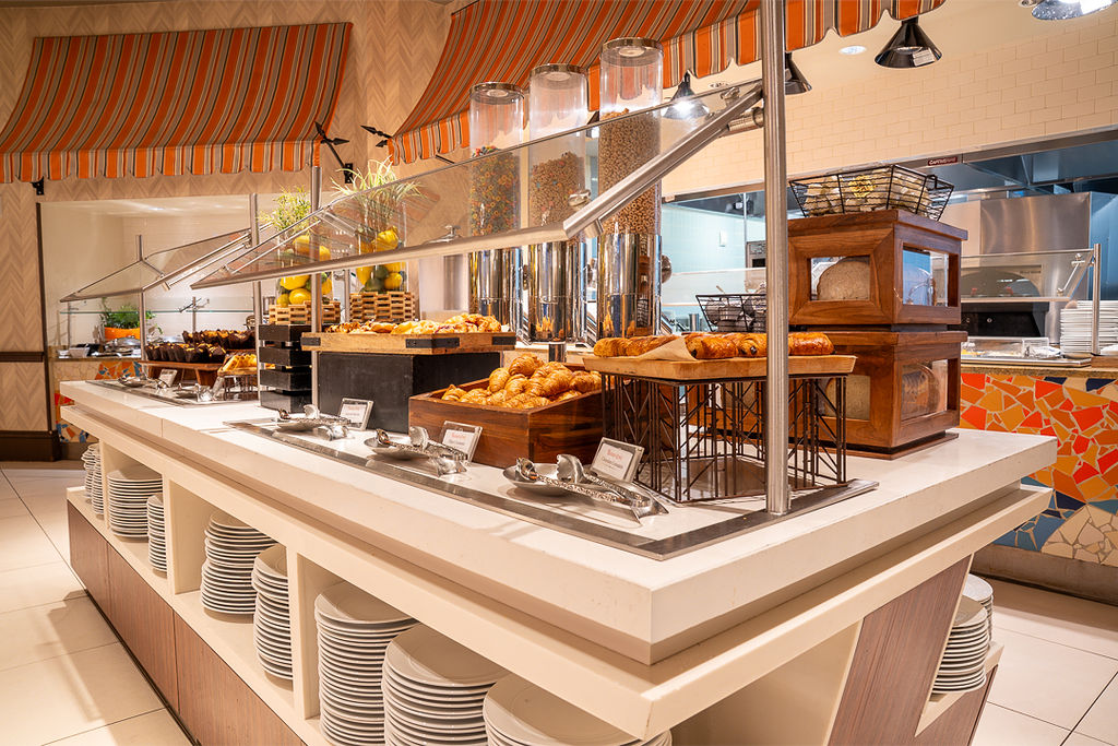 a buffet with food on it