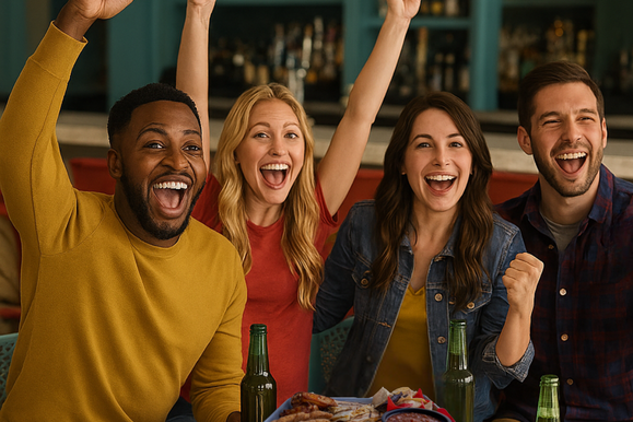 a group of people sitting at a table with food and drinks