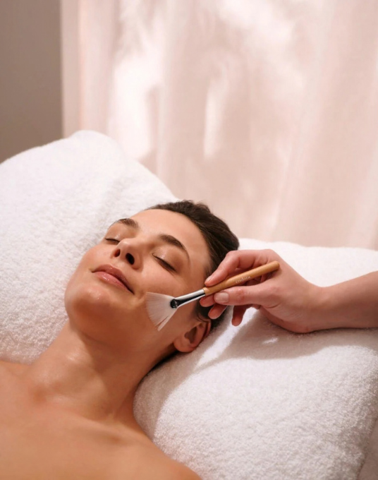 a woman lying down with a brush on her face