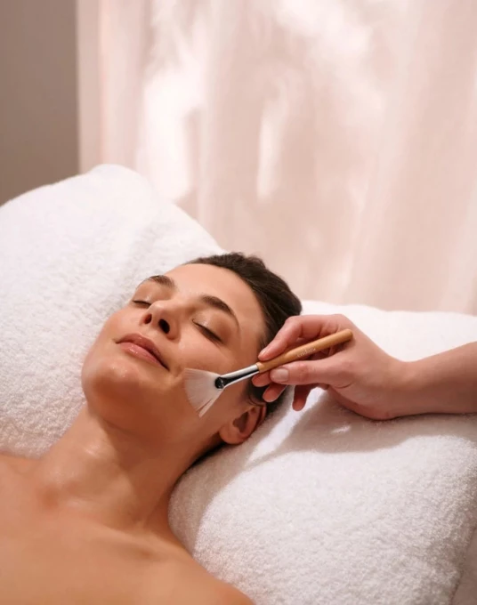 a woman lying down with a brush on her face