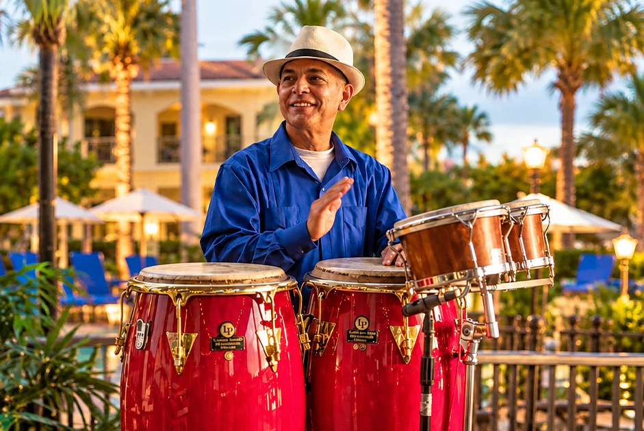 a man playing drums outside