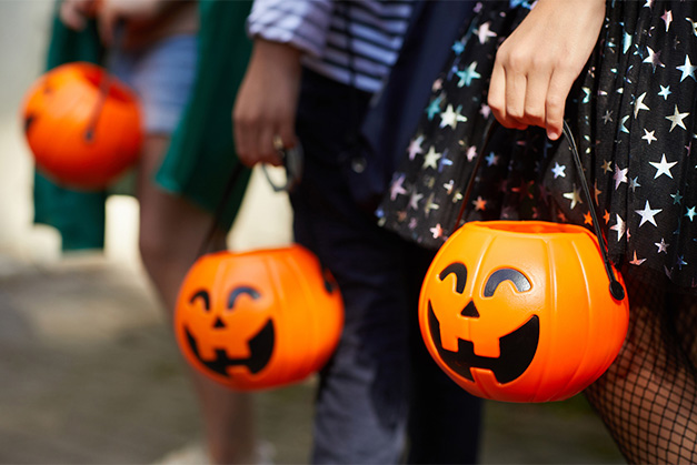 a group of people holding pumpkins