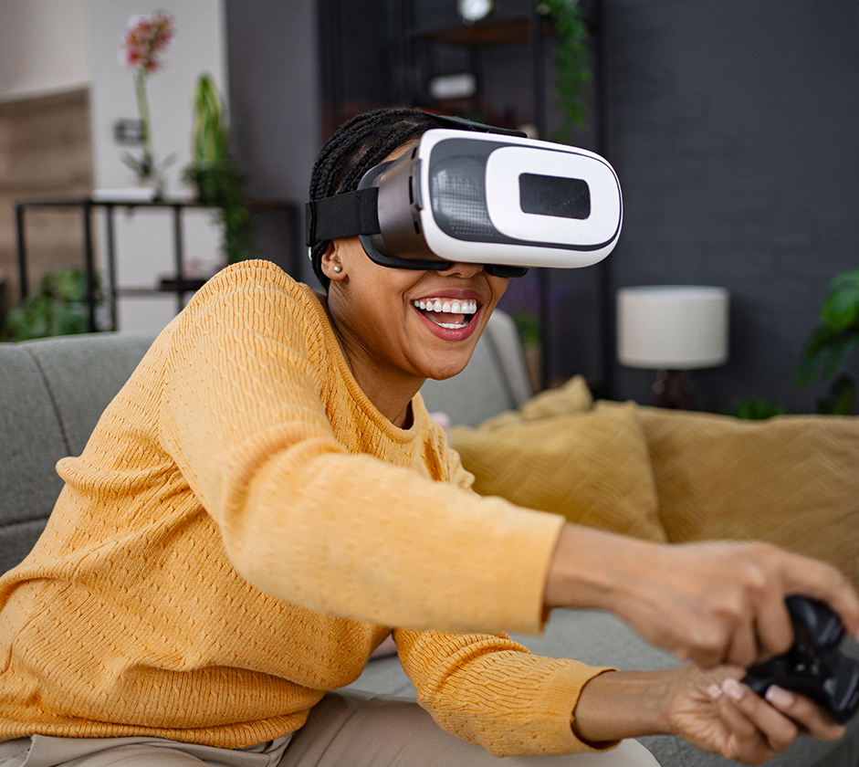 a woman wearing virtual reality goggles