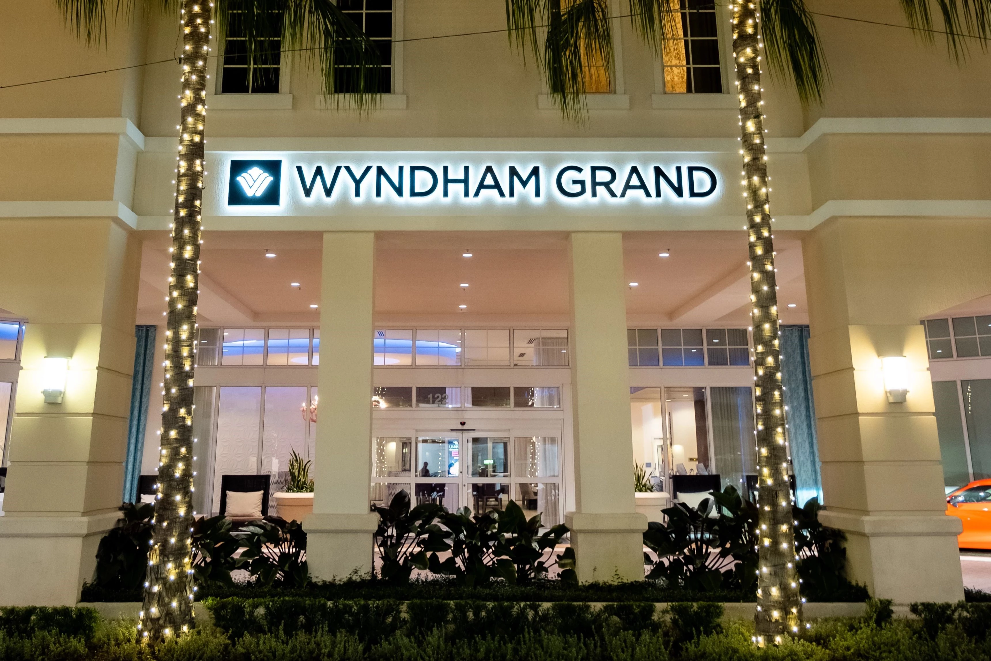 a building with lights on the front