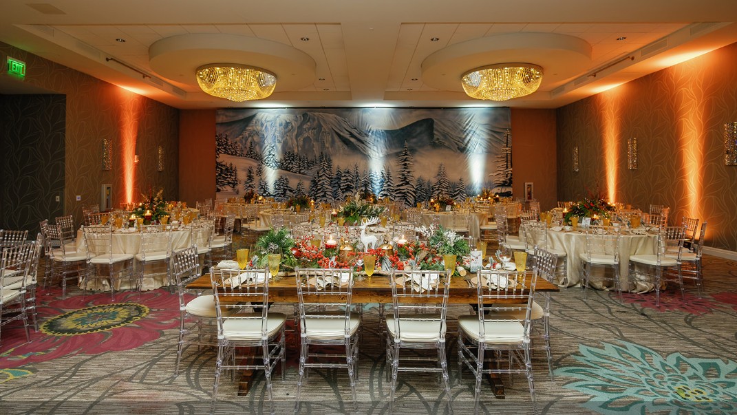 a large room with tables and chairs