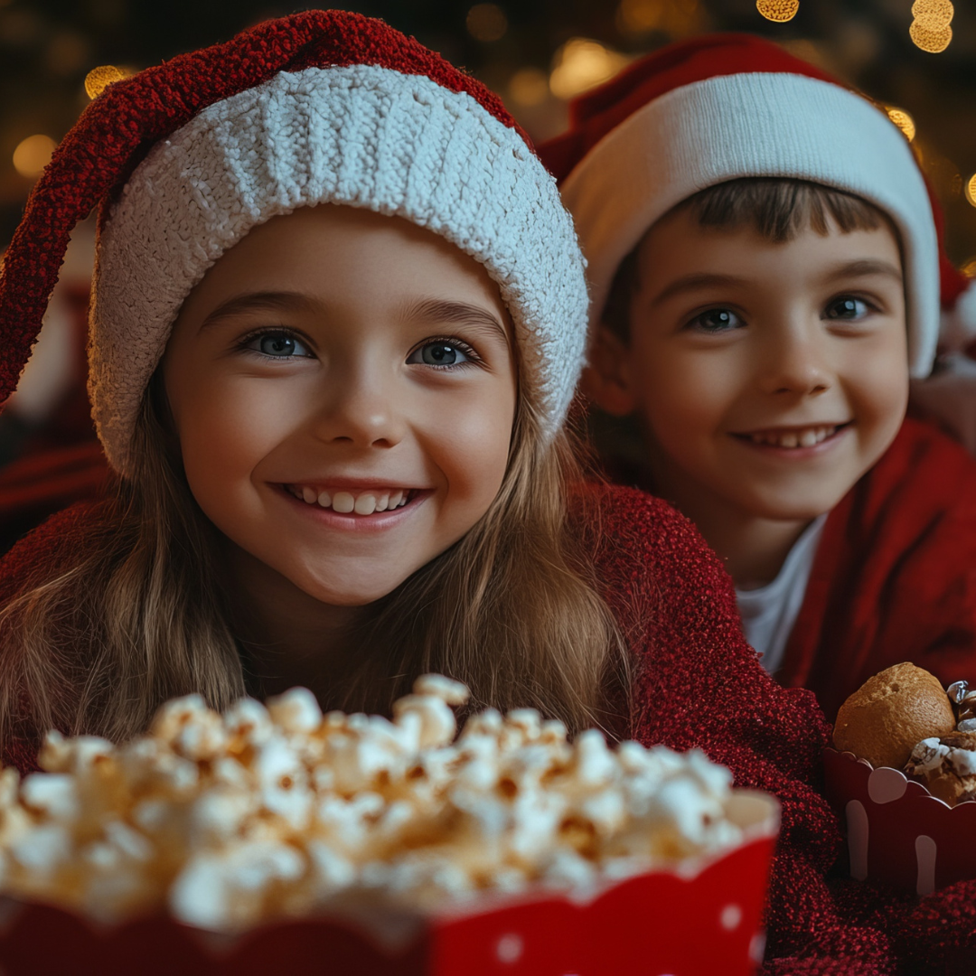 a boy and girl wearing santa hats and holding popcorn