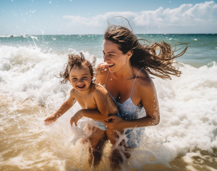 a person and a child playing in the water