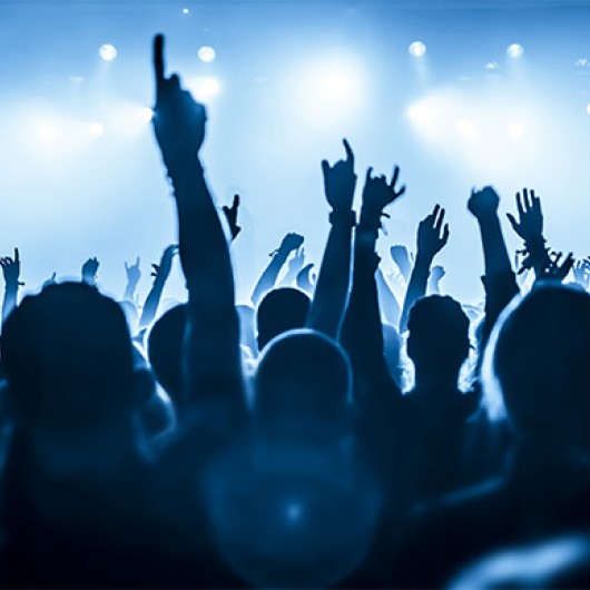 a crowd of people with their hands up in the air