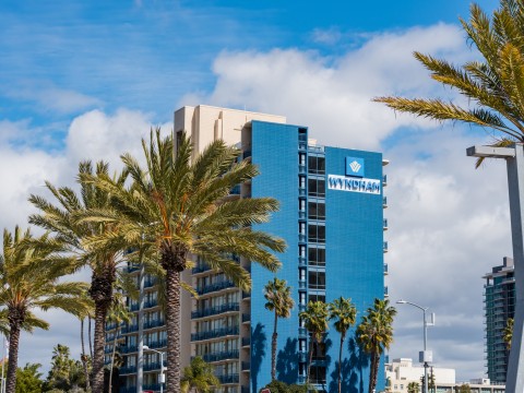 a building with palm trees