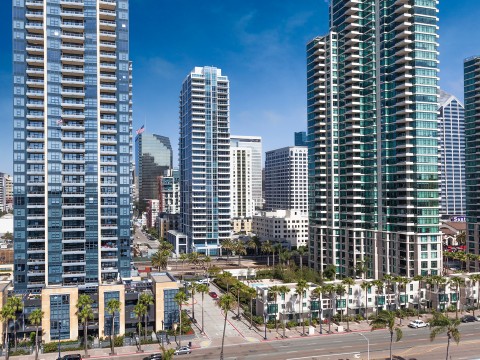 a city with tall buildings and palm trees