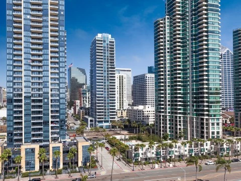 a city with tall buildings and palm trees
