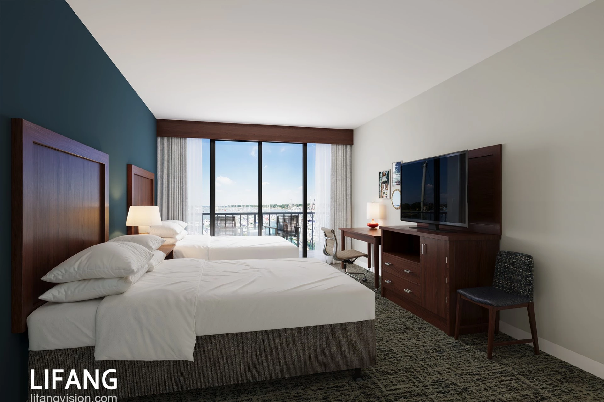 a room with two beds and a television