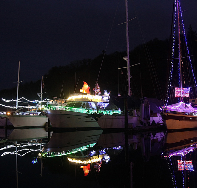 boats on the water with lights