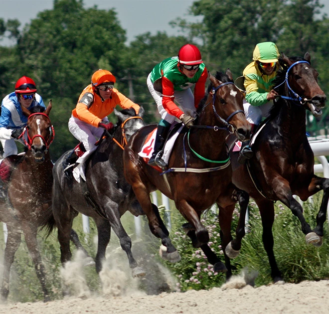 a group of jockeys riding horses