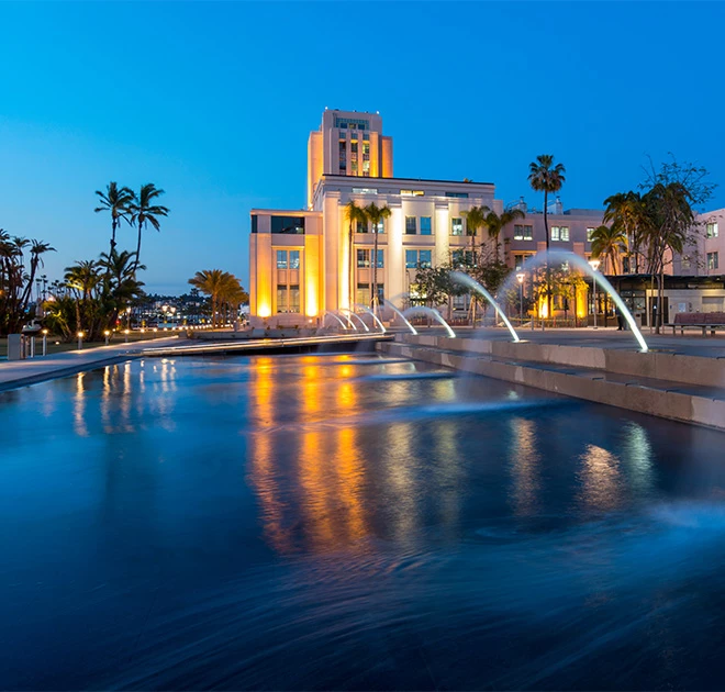 a water fountain in front of a building