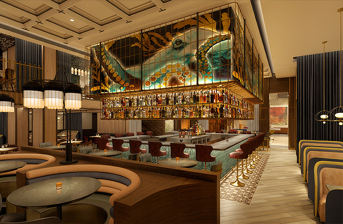 a bar with a large glass wall and a large bar with a large glass wall