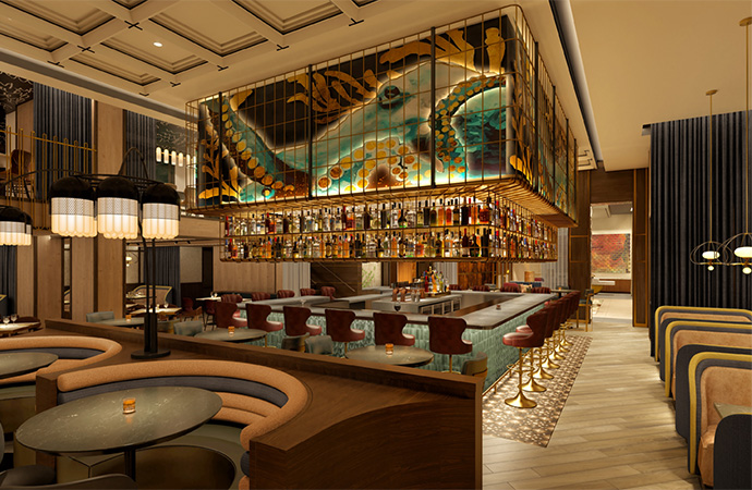 a bar with a large glass wall and a bar with a large glass wall