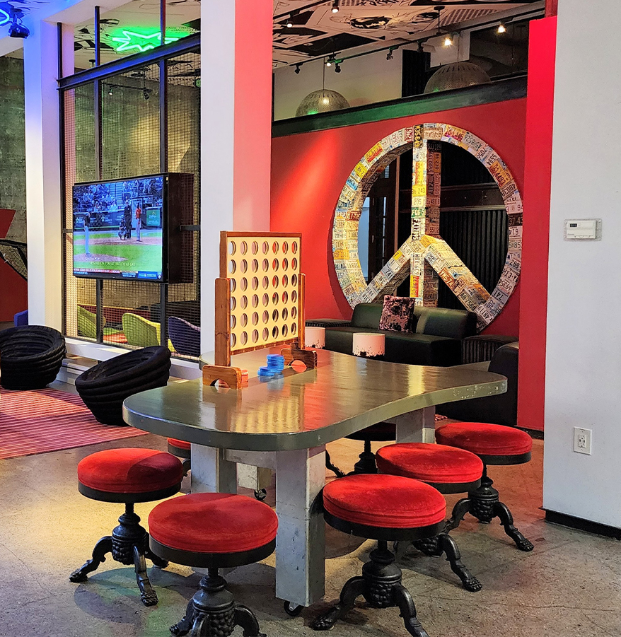 a room with a table and chairs