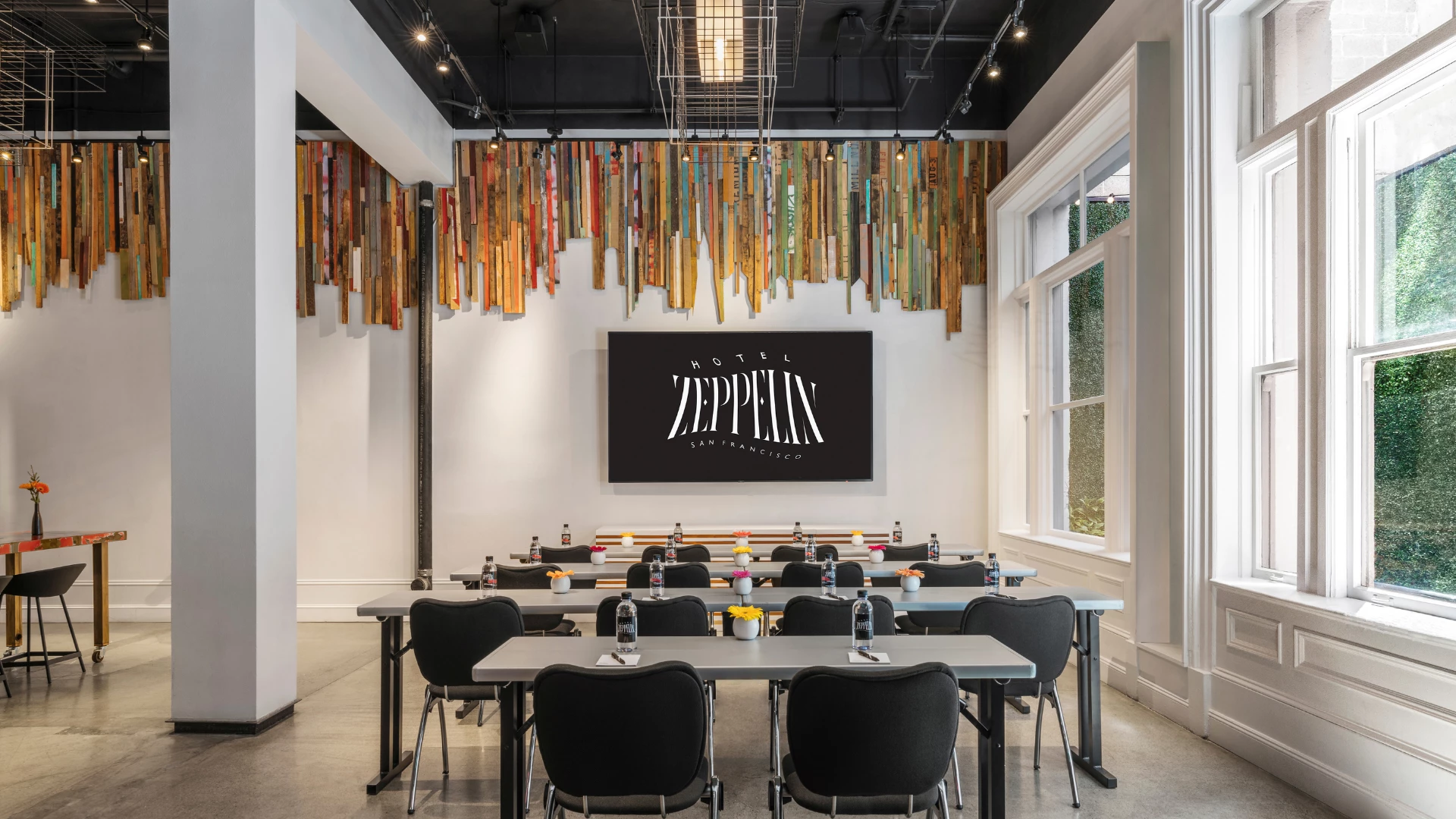 a room with tables and chairs