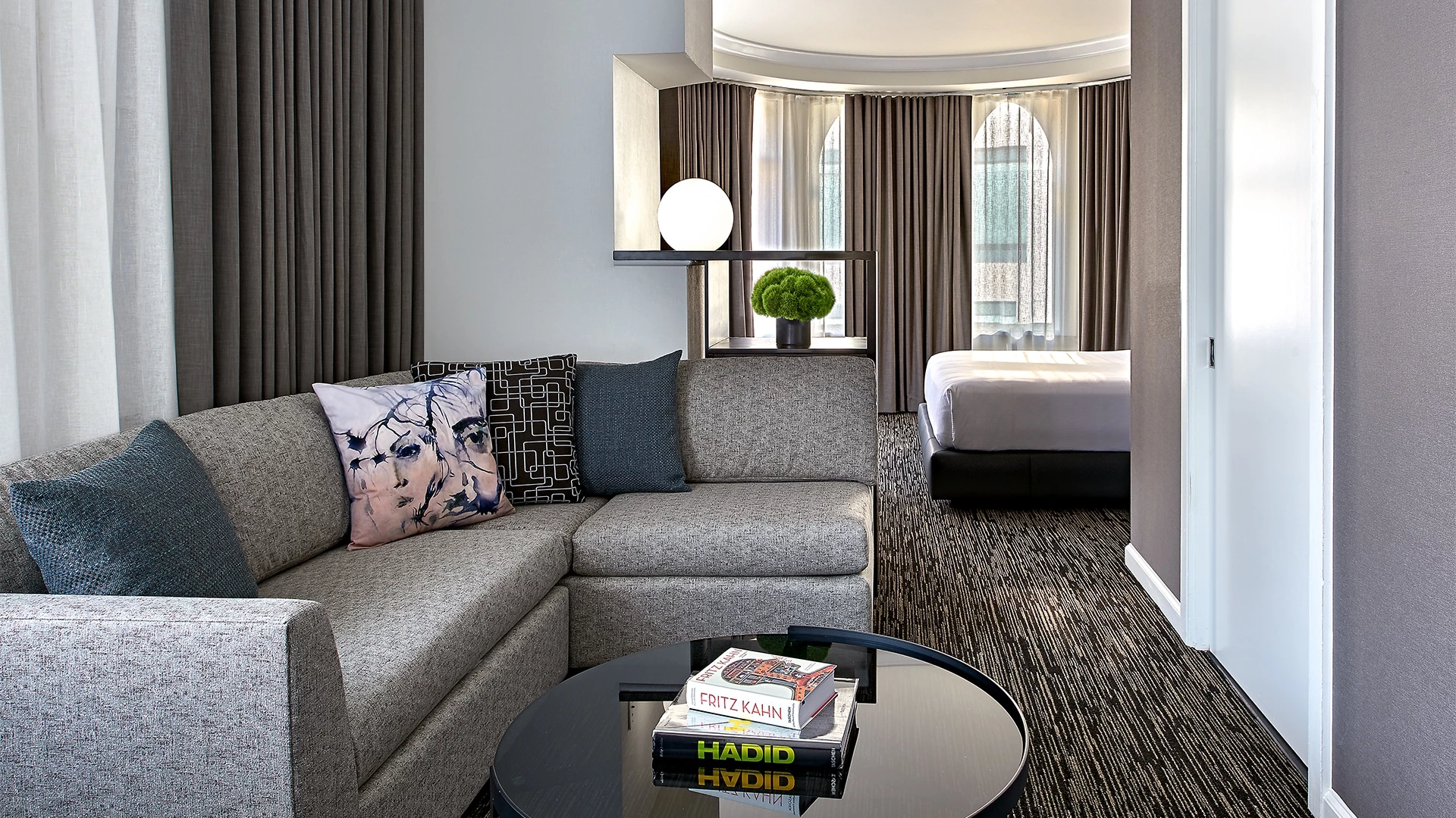 a living room with a couch and a coffee table