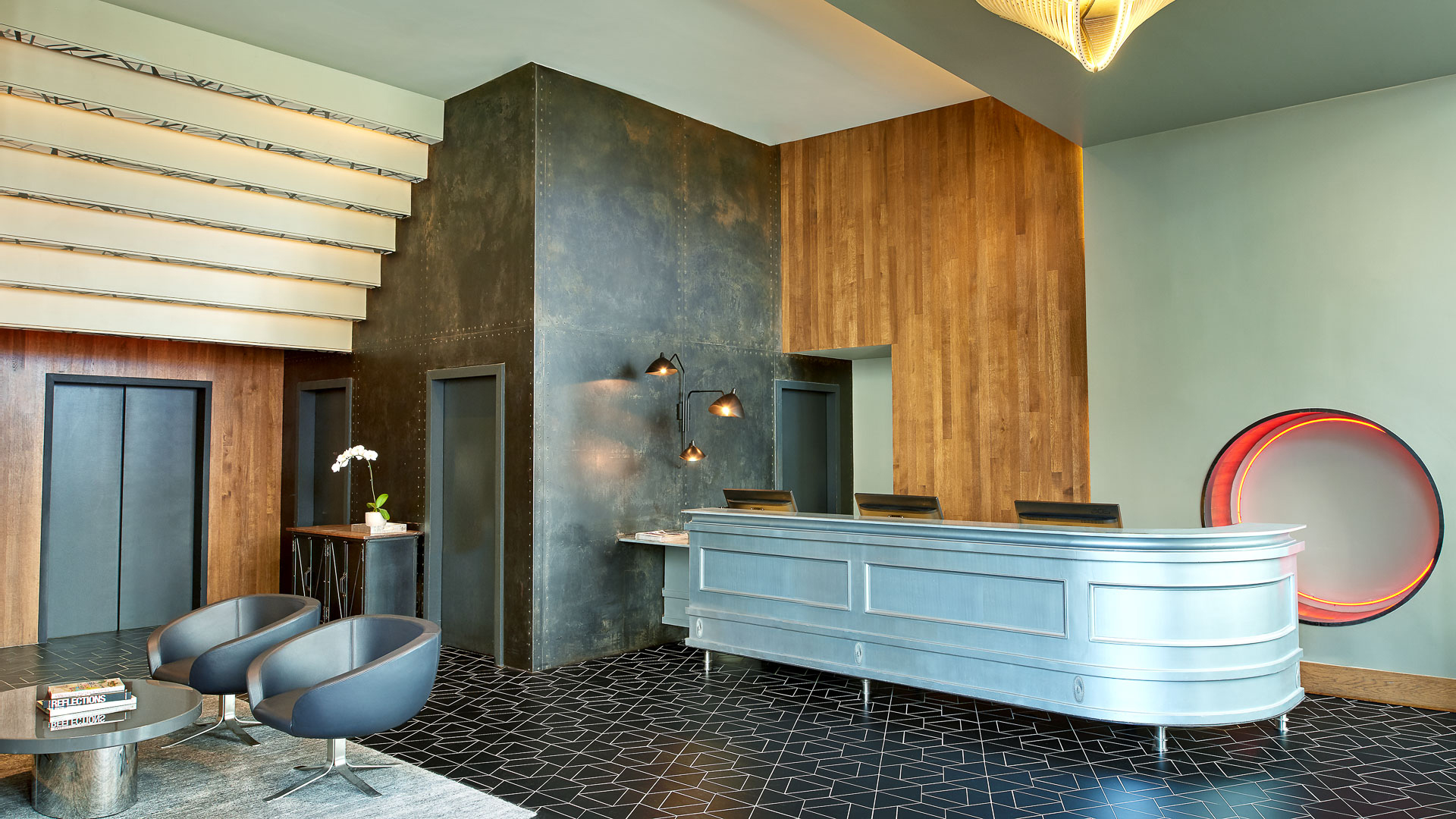 a reception desk in a hotel