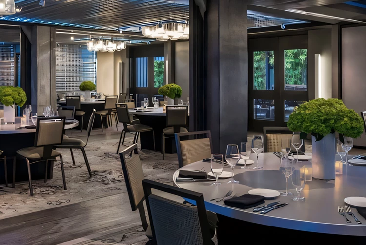 a room with tables and chairs