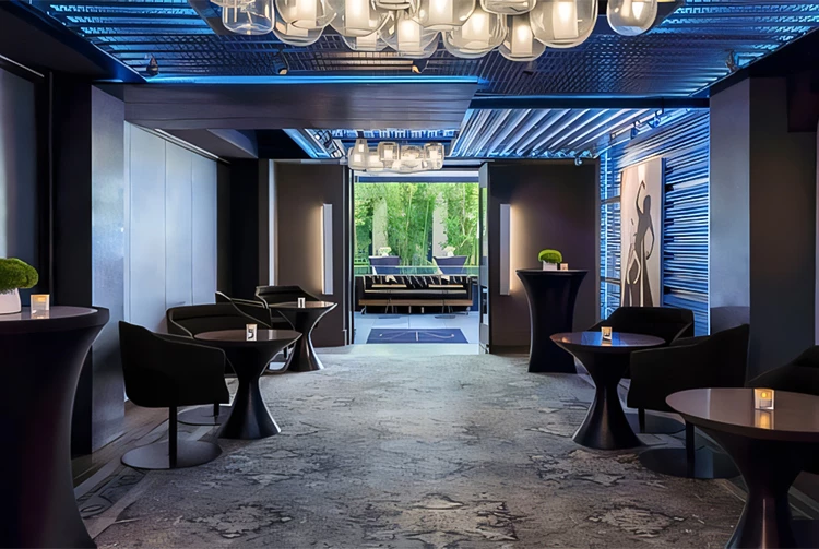 a room with tables and chairs
