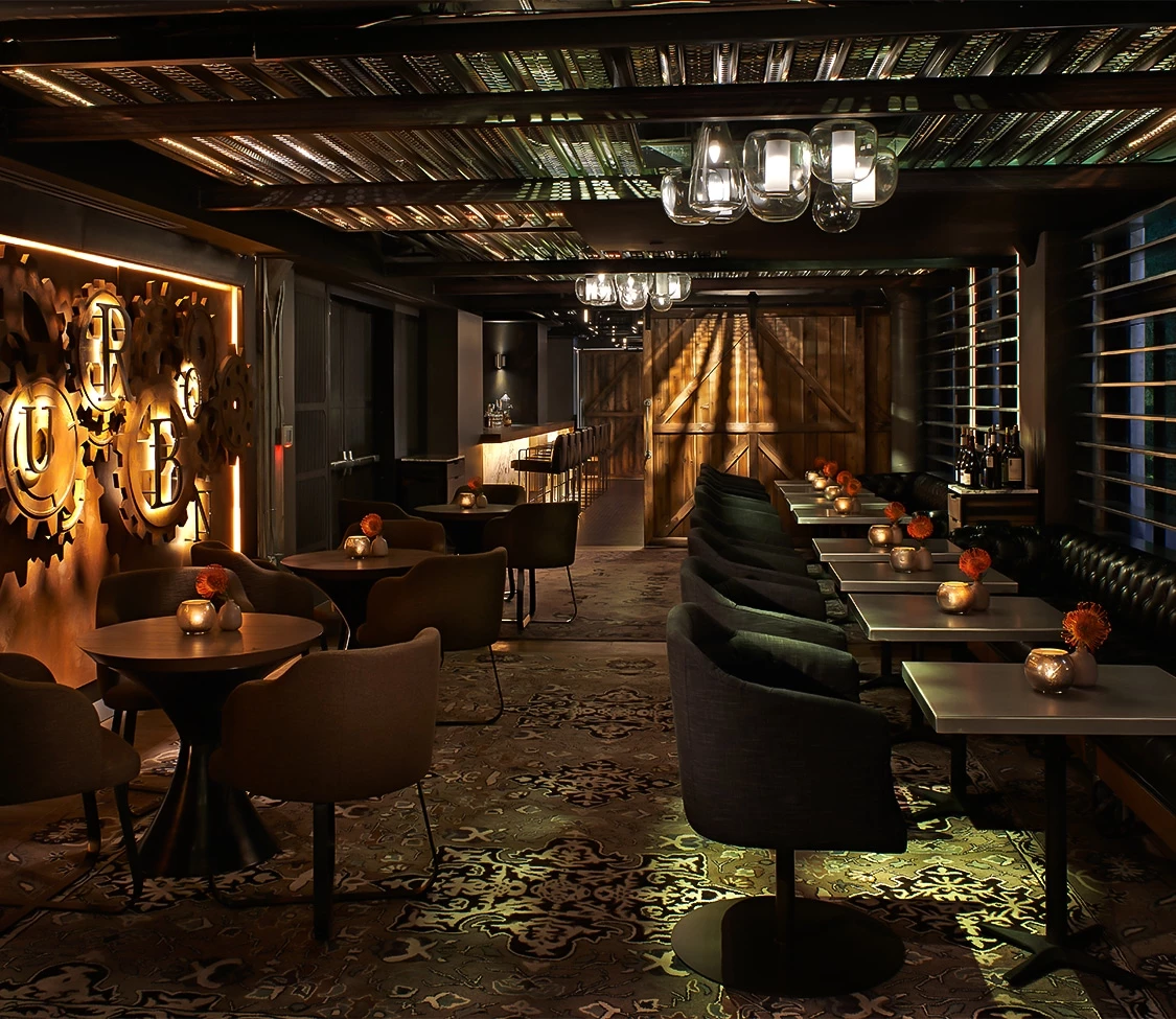 a room with tables and chairs