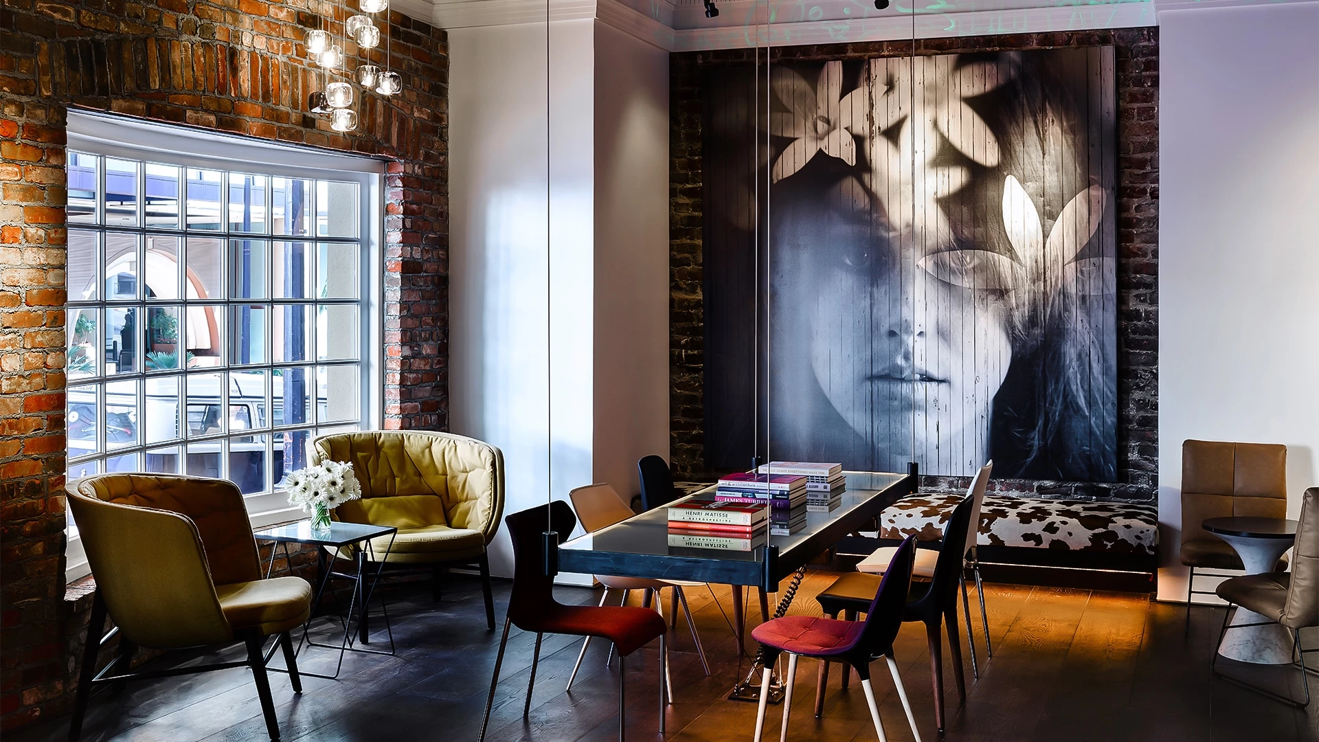 a room with a table and chairs