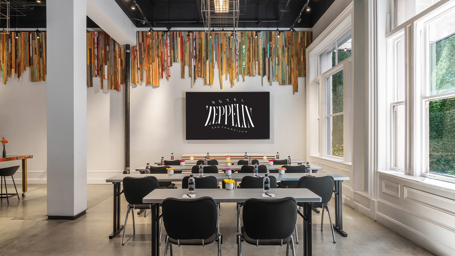 a room with tables and chairs