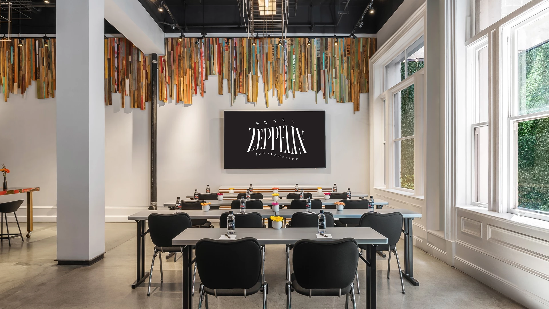 a room with tables and chairs