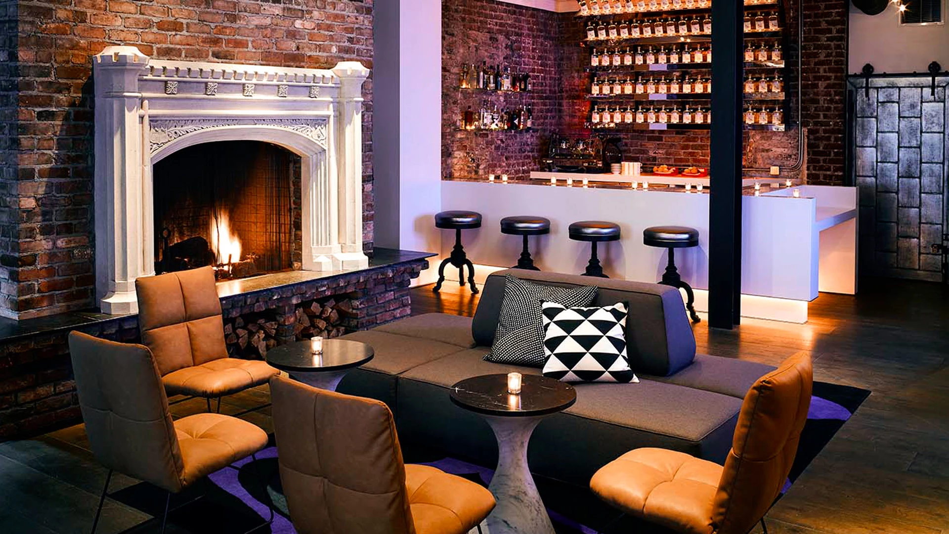 a room with a fireplace and a couch