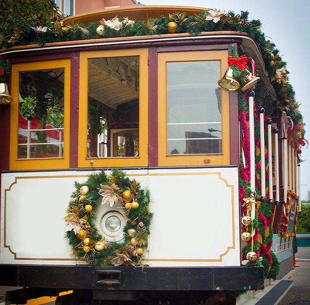 a trolley with decorations on the front