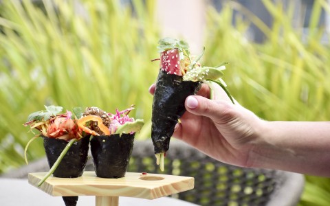a hand holding sushi rolls