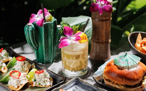 a table with food and drinks