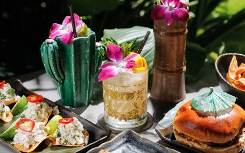 a table with food and drinks