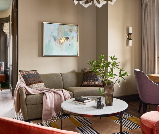 a living room with a couch and a coffee table