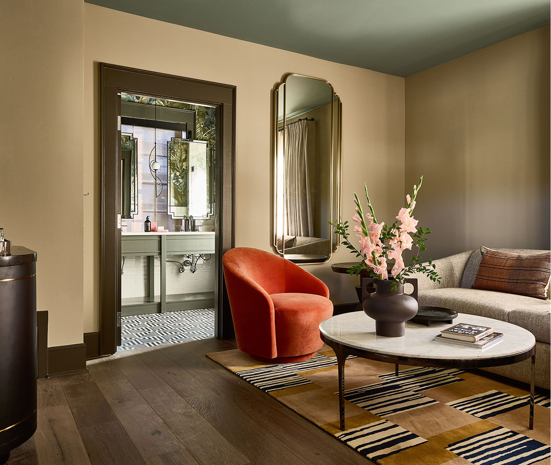 a living room with a couch and a coffee table