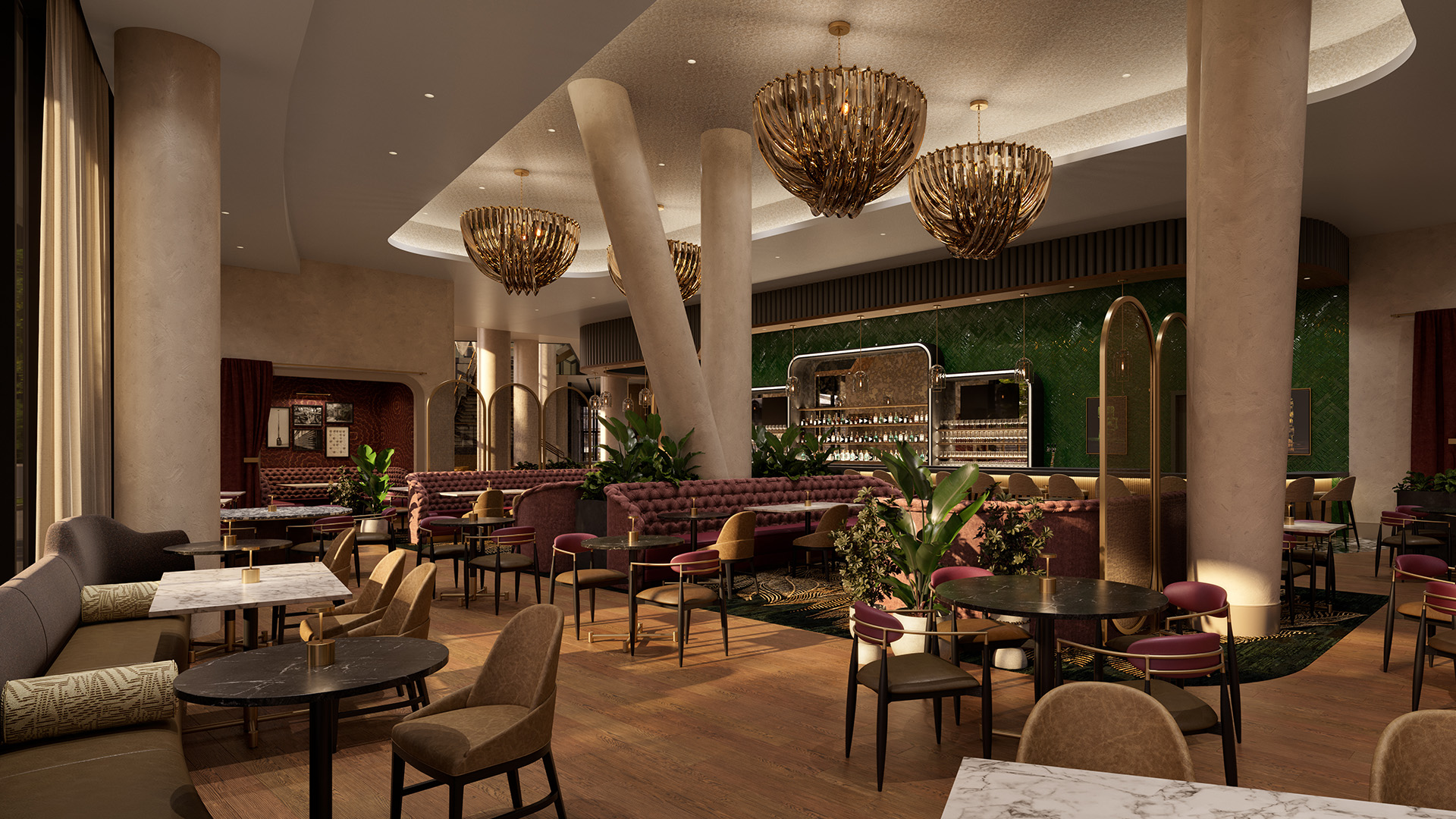 a room with tables and chairs