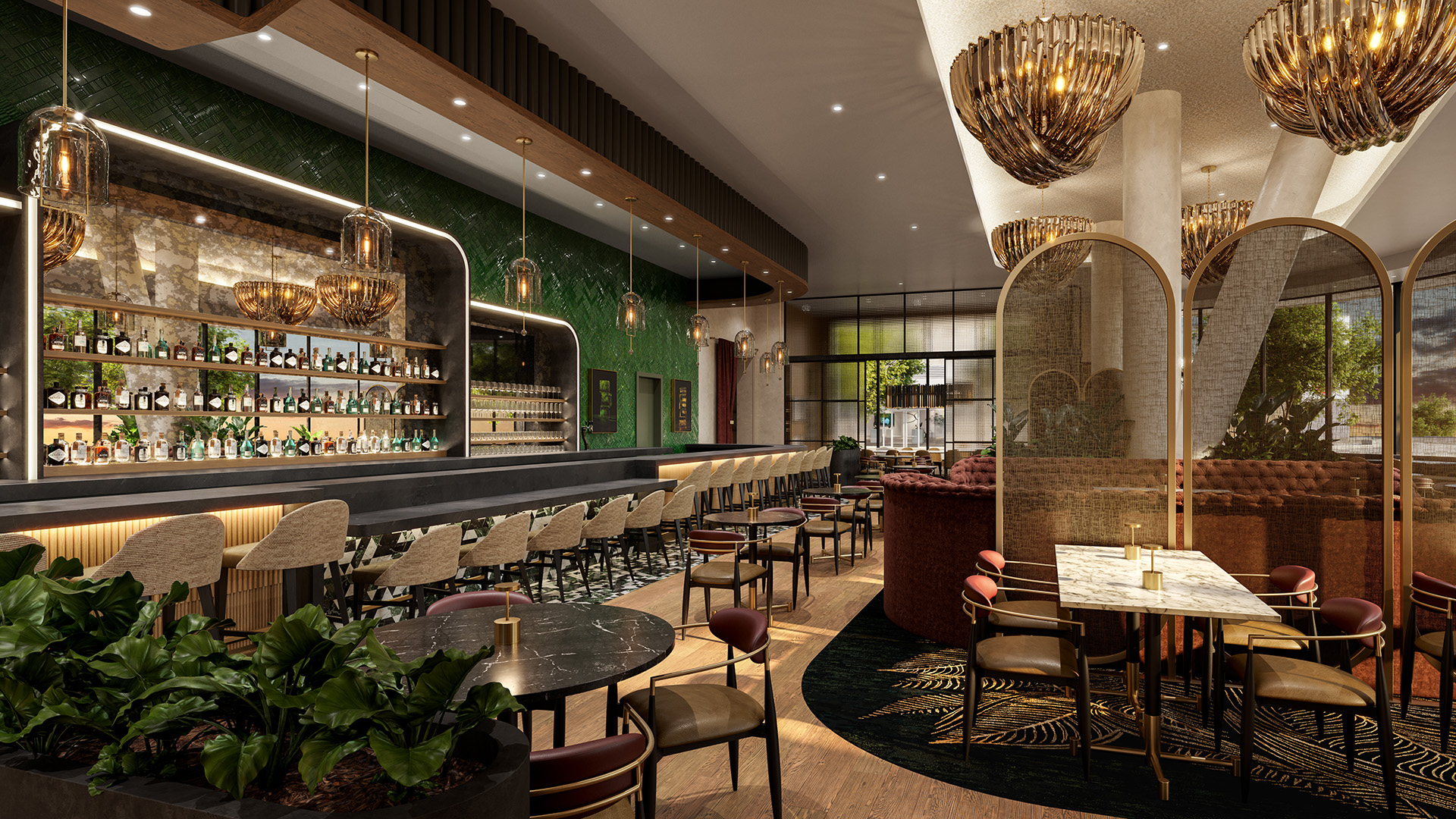 a room with tables and chairs